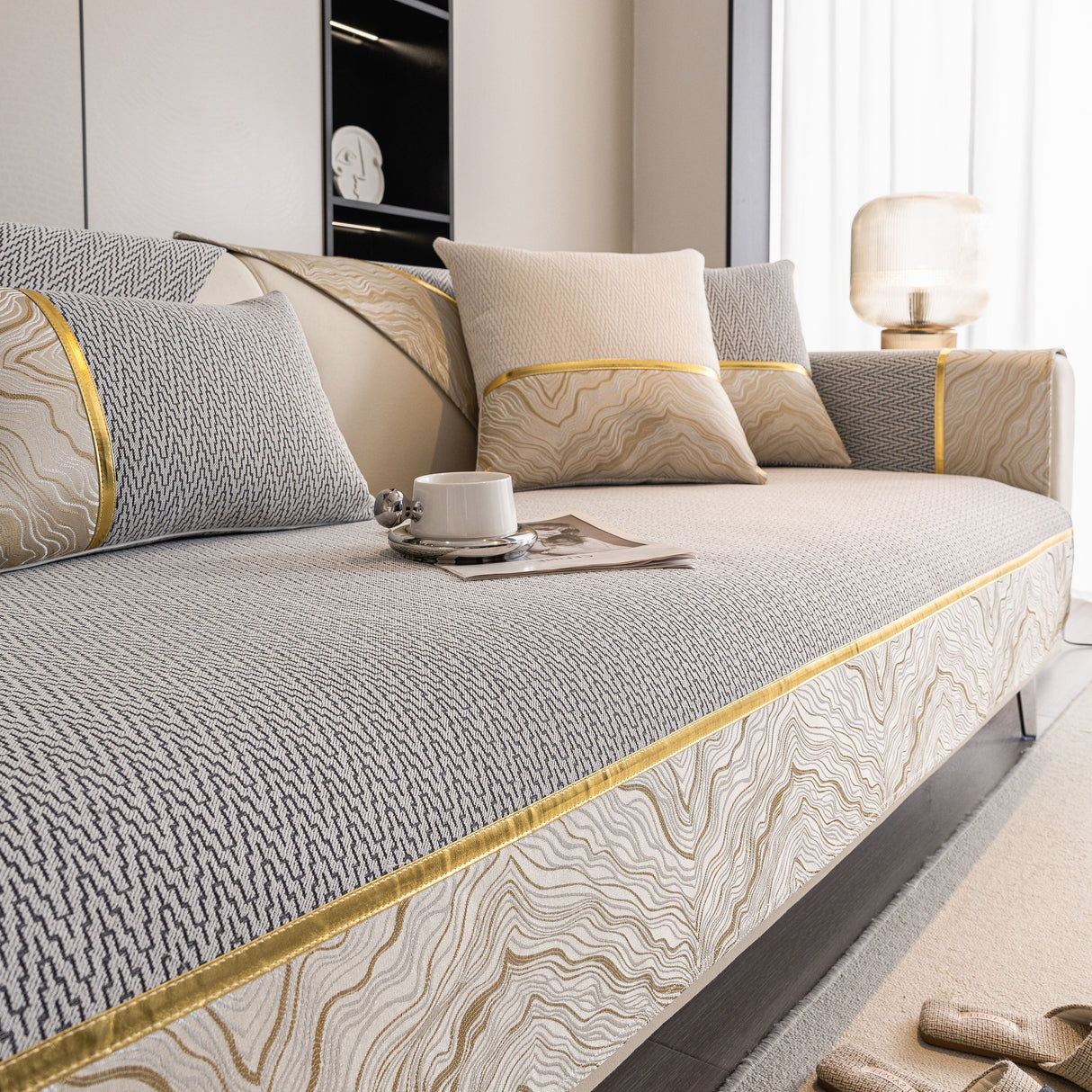 Non-Slip Couch Cover with Gold Trim, Sofa Slipcover for Sectional & Loveseat
