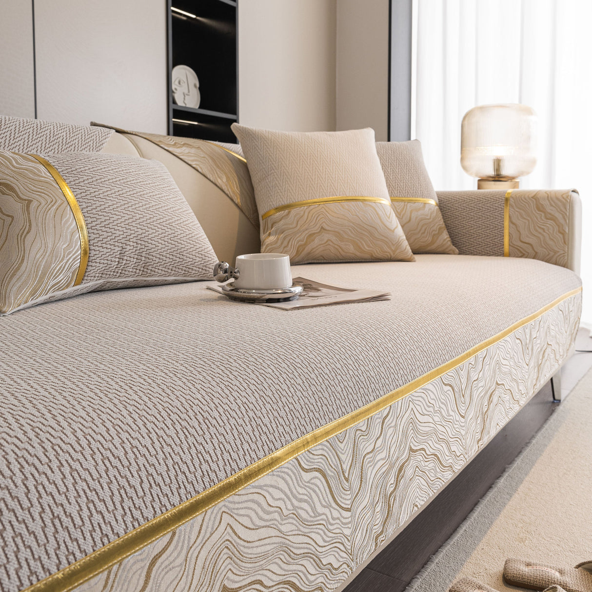 Non-Slip Couch Cover with Gold Trim, Sofa Slipcover for Sectional & Loveseat