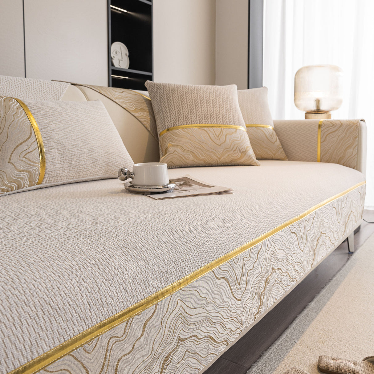 Non-Slip Couch Cover with Gold Trim, Sofa Slipcover for Sectional & Loveseat