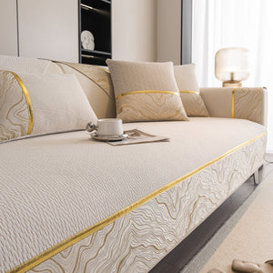 Non-Slip Couch Cover with Gold Trim, Sofa Slipcover for Sectional & Loveseat