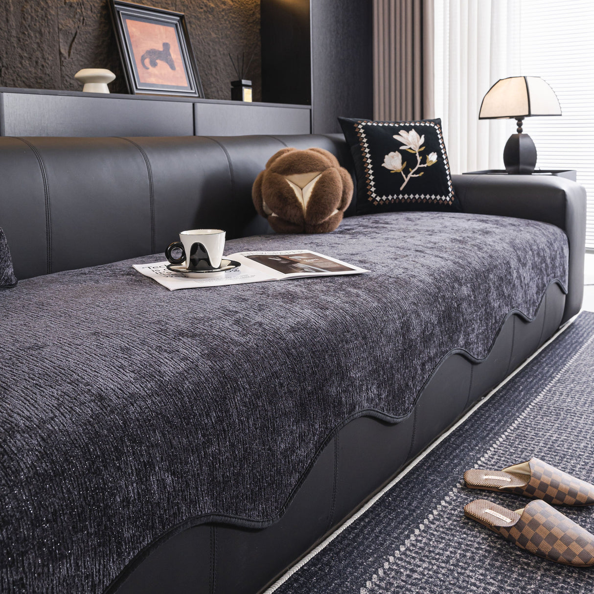 Chenille Couch Cover with Scalloped Edge, Non-Slip Modular Slipcover Sectional