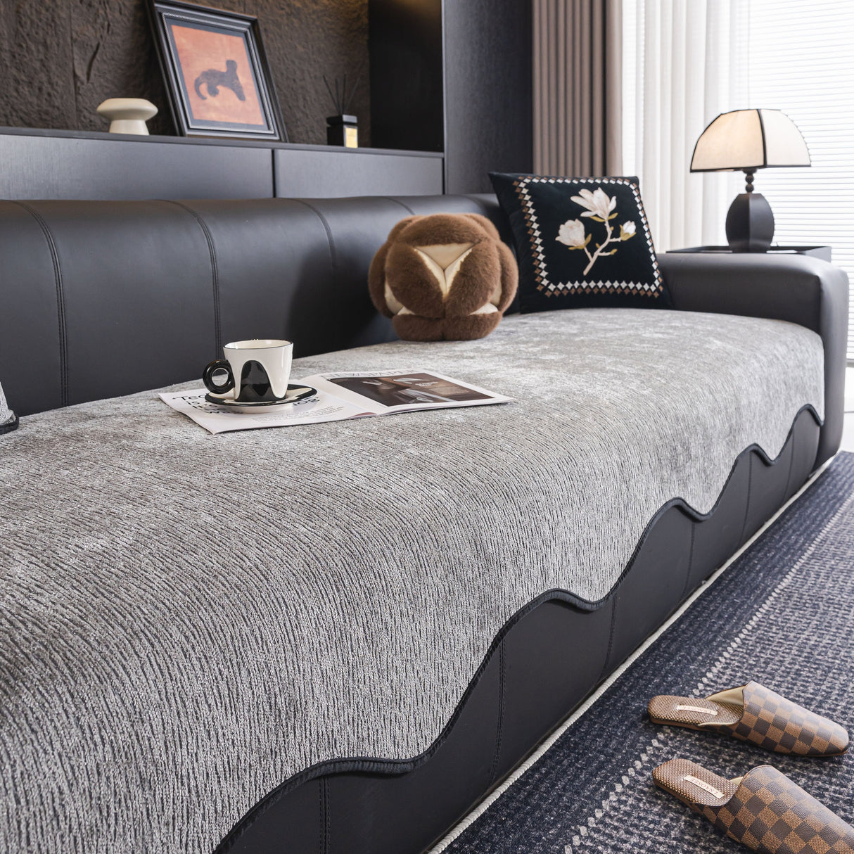 Chenille Couch Cover with Scalloped Edge, Non-Slip Modular Slipcover Sectional