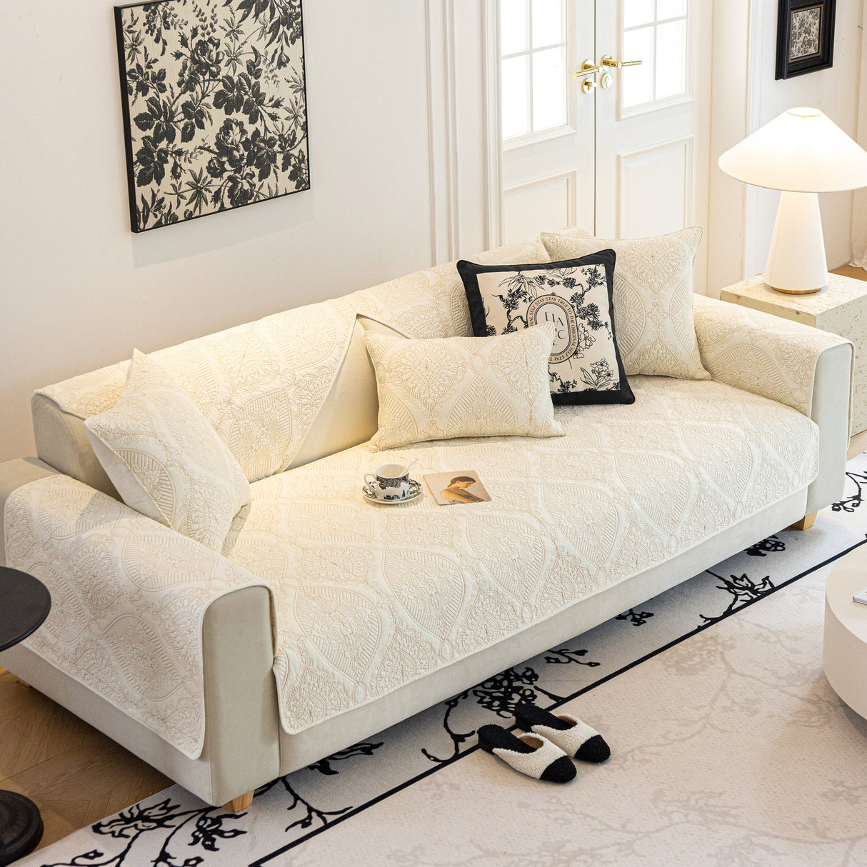 Baroque Sofa Cover – Quilted Cotton, Non-Slip, Washable with Ornate Embroidery