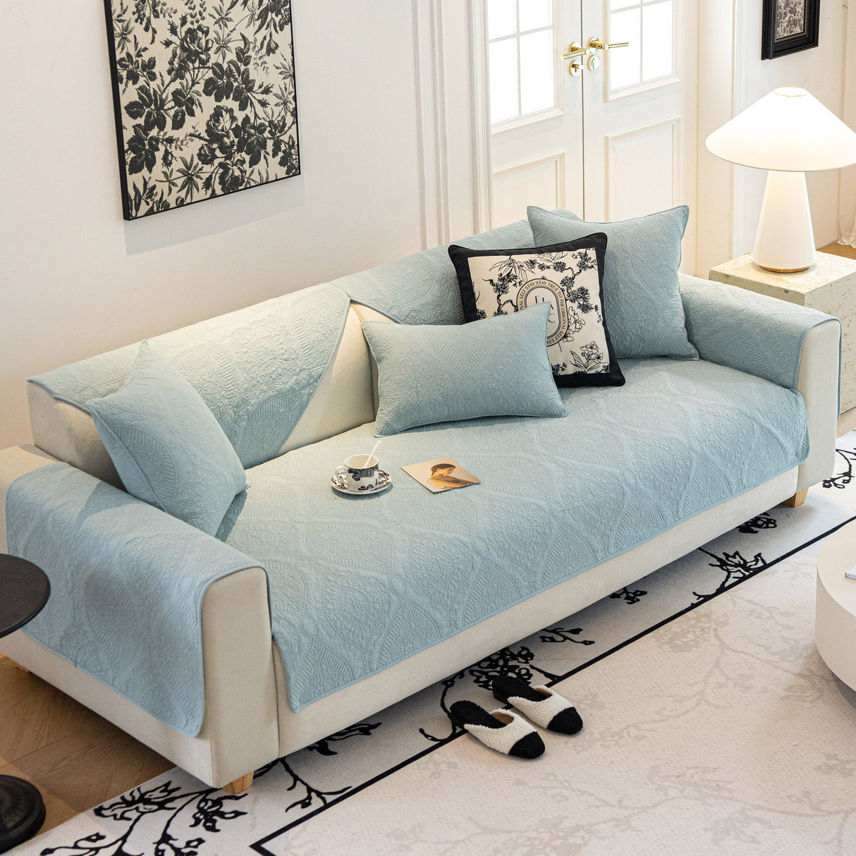 Baroque Sofa Cover – Quilted Cotton, Non-Slip, Washable with Ornate Embroidery