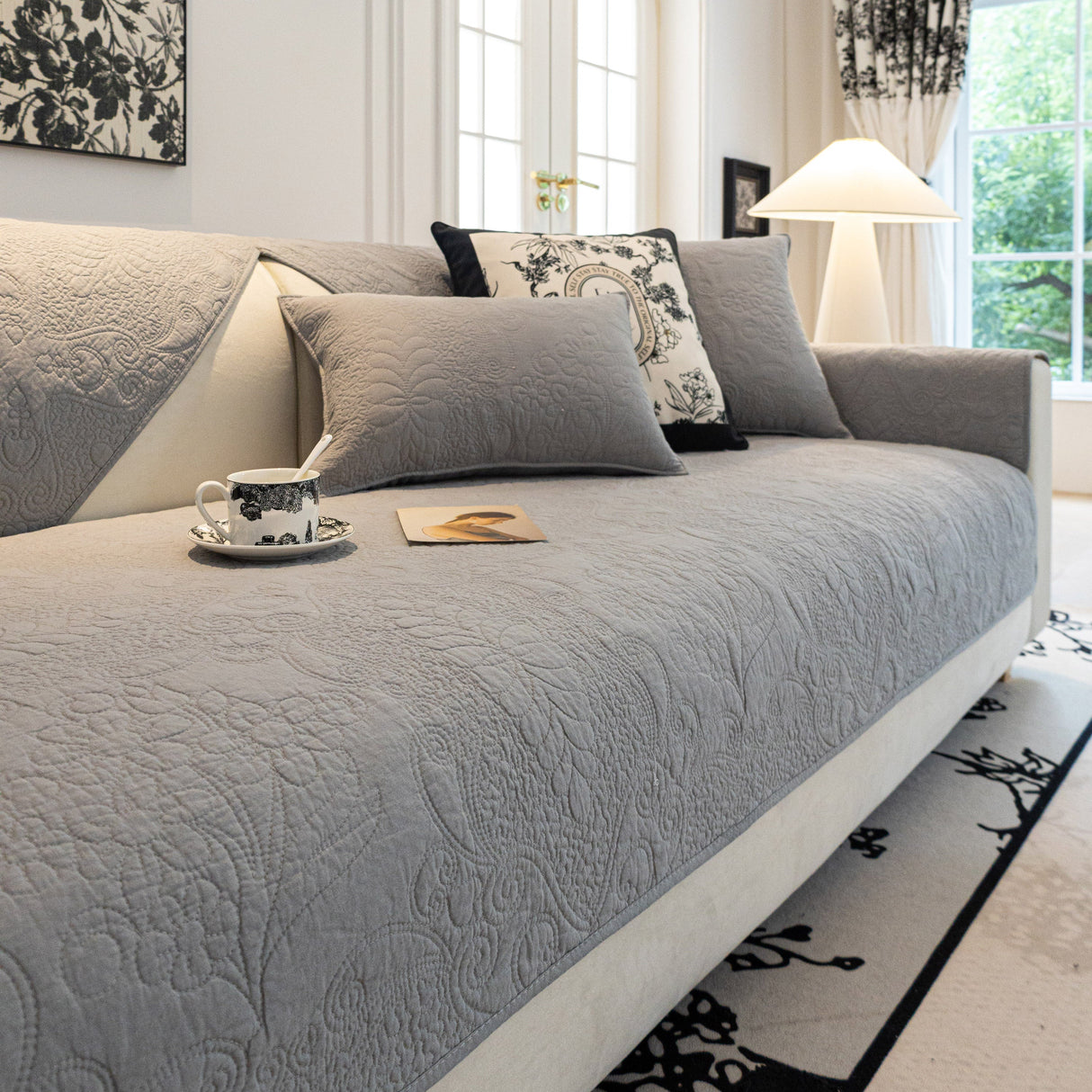 Baroque Floral Quilted Cotton Sofa Cover, Non-Slip Washable Couch Protector