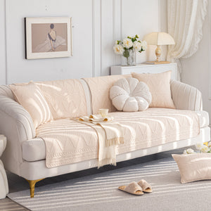 Geometric Textured Cotton Quilted Sofa Cover, Non-Slip Washable Couch Protector