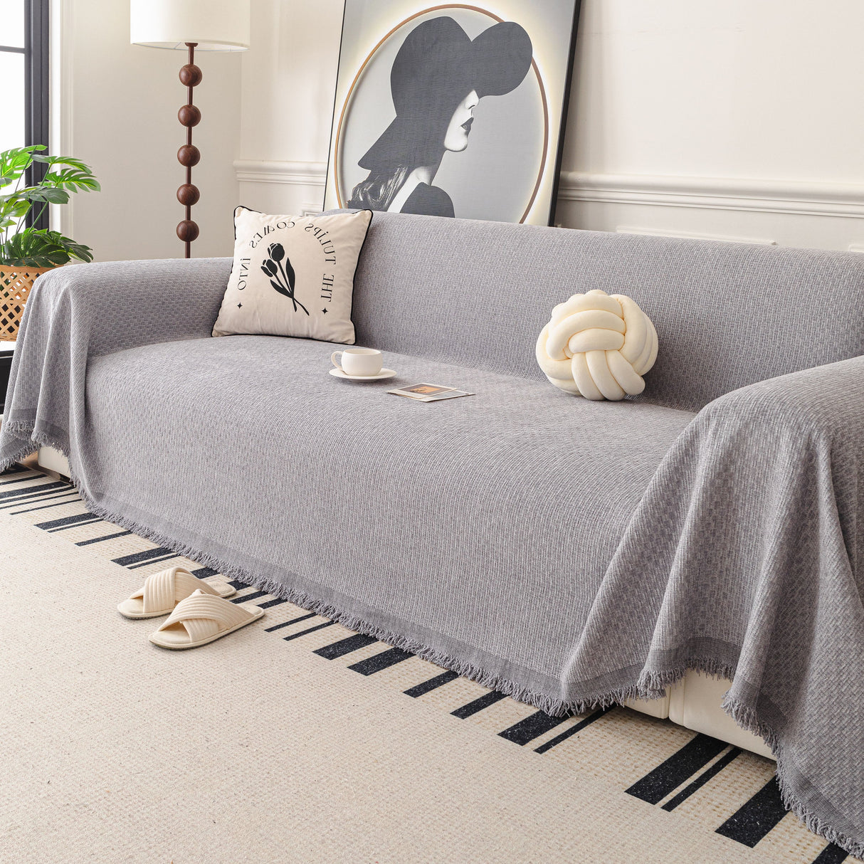 Textured Woven Modern Sofa Cover, Natural Blend Decorative Couch Throw Blanket