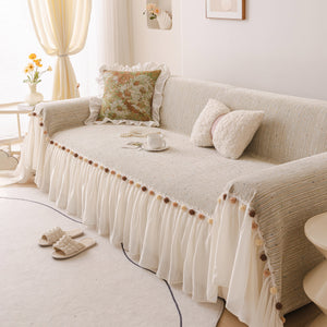 Boho Couch Cover with Knitted Stripes, Chiffon Skirt & Pom Fringe, Pet-Friendly Throw