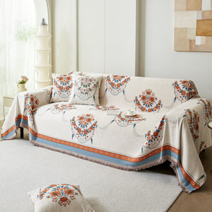 Charming French Country Floral Basket Sofa Throw Cover Rustic Farmhouse-Style Couch Cover Blankets