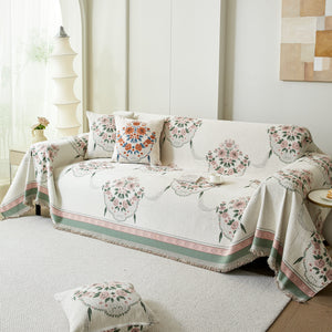 Charming French Country Floral Basket Sofa Throw Cover Rustic Farmhouse-Style Couch Cover Blankets
