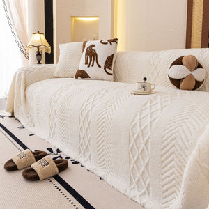 Plush Fleece Sofa Cover with 3D Cable Knit Texture Soft Cozy Warm Sofa Throw Blanket