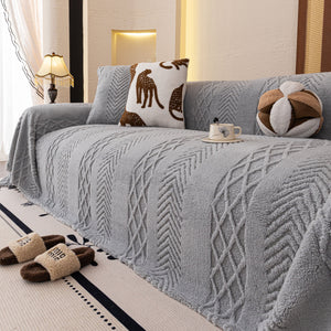 Plush Fleece Sofa Cover with 3D Cable Knit Texture Soft Cozy Warm Sofa Throw Blanket