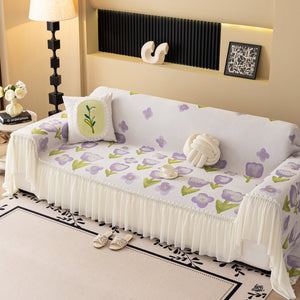 Ruffled Sweet Floral Sofa Cover with Skirt, Soft and Decorative Couch Throw Cover