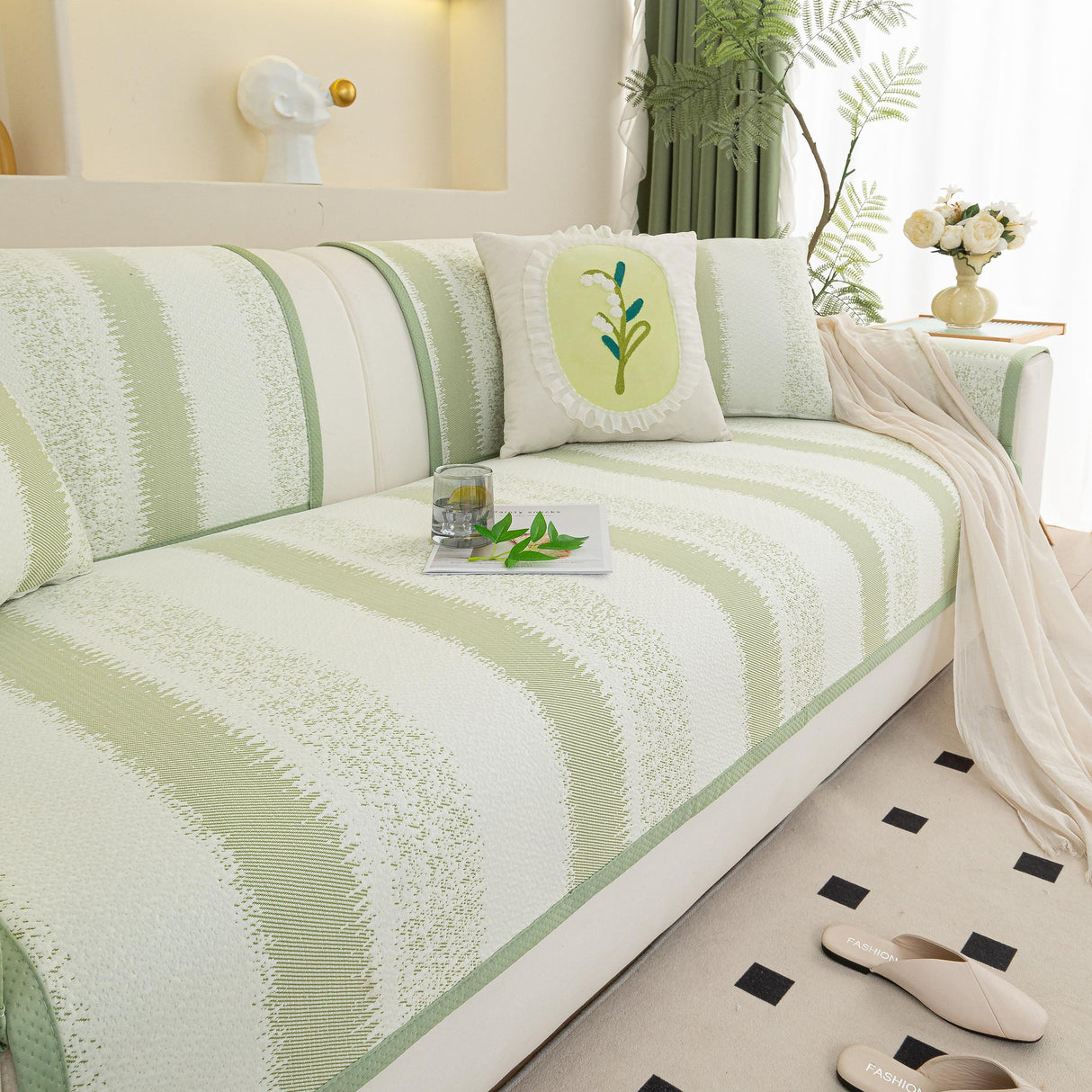 Striped Non-Slip Cooling Couch Cover, Summer Couch Pads for Seat Back Armrest