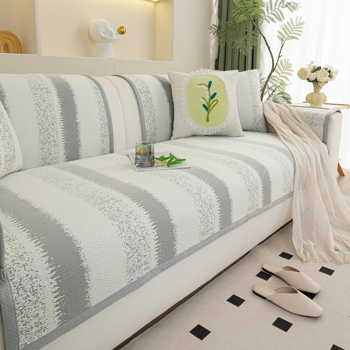 Striped Non-Slip Cooling Couch Cover, Summer Couch Pads for Seat Back Armrest