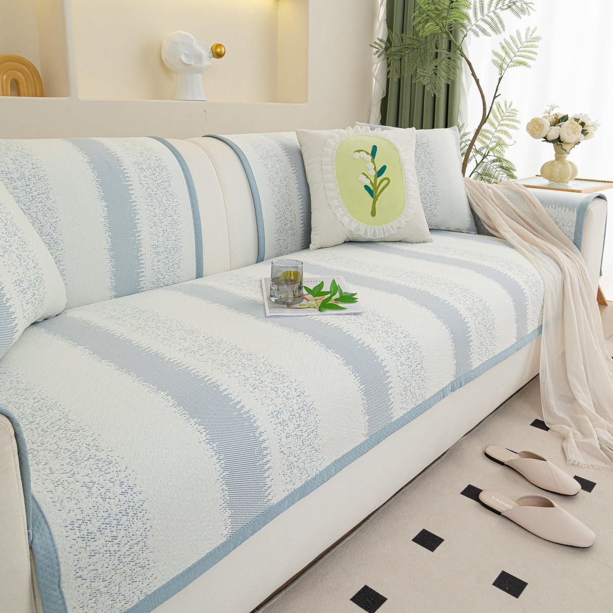 Striped Non-Slip Cooling Couch Cover, Summer Couch Pads for Seat Back Armrest