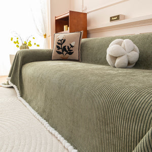 Textured Striped Cozy Couch Cover Throw Blanket with Pom Pom Trim for Sectional Sofa