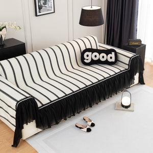 Leaf Stripe Sofa Cover with Black Sheer Skirt, Boho Soft Couch Slipcover for Pets