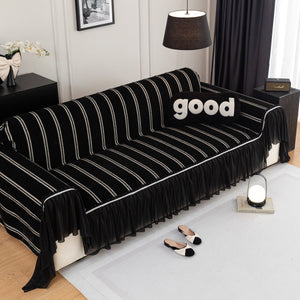 Leaf Stripe Sofa Cover with Black Sheer Skirt, Boho Soft Couch Slipcover for Pets