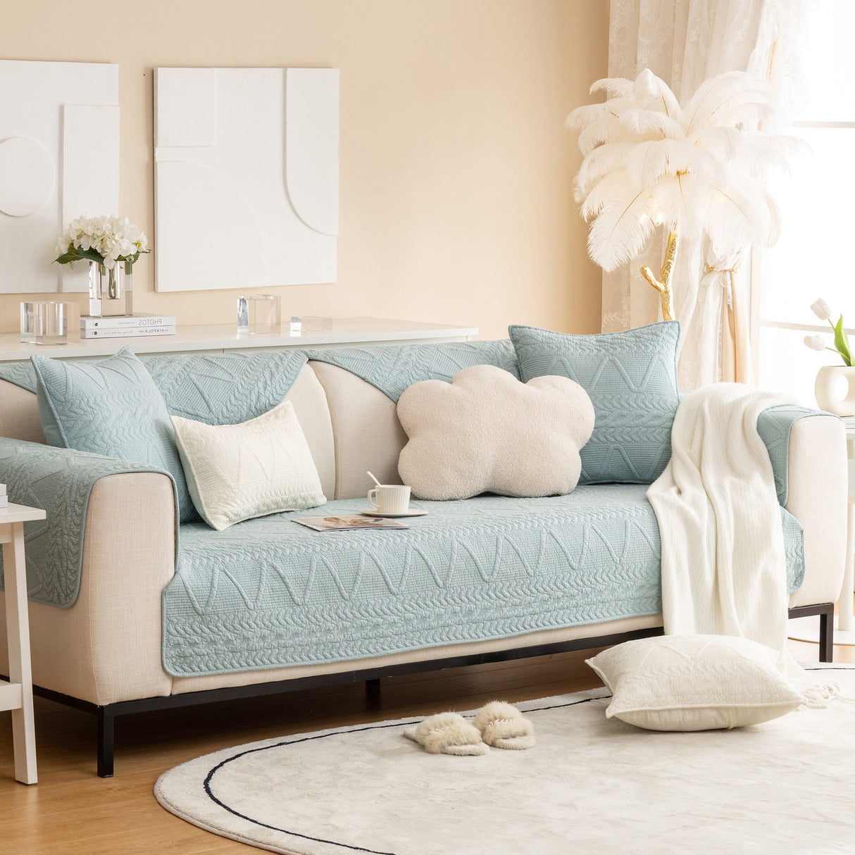 Geometric Textured Cotton Quilted Sofa Cover, Non-Slip Washable Couch Protector