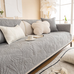 Embossed Leaf Cotton Quilted Sofa Cover Non-Slip Couch Protector with Thick Padding
