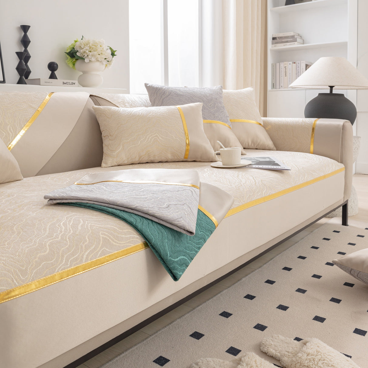 Modular Sofa Cover for Sectionals, Gold Striped Non-Slip Couch Protector