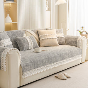 Soft Chenille Sectional Sofa Cover with Pom Pom Trim – Non-Slip Couch Protector