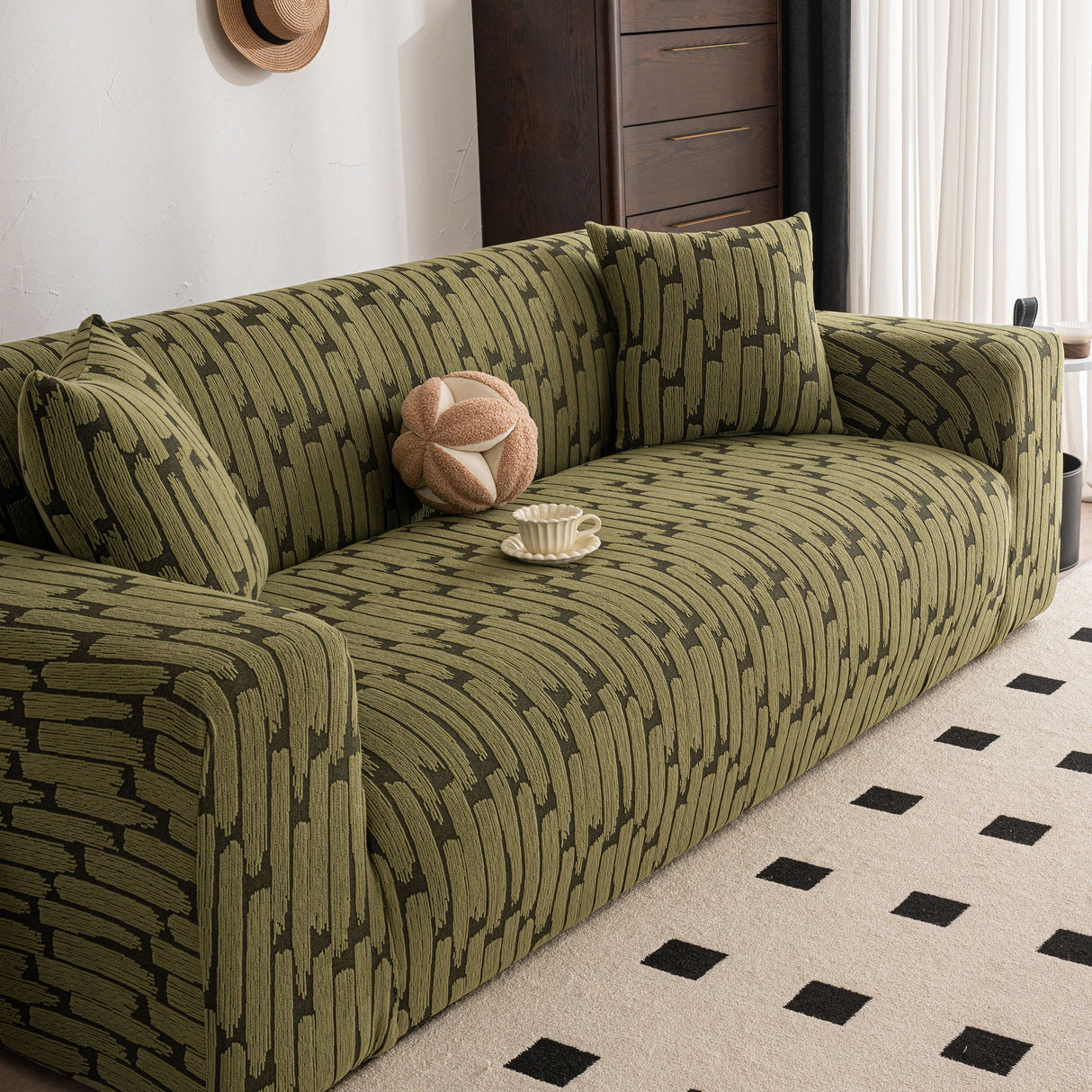 Plush Fleece Stretch Sofa Cover, Super Soft Textured Geometric Couch Slipcover