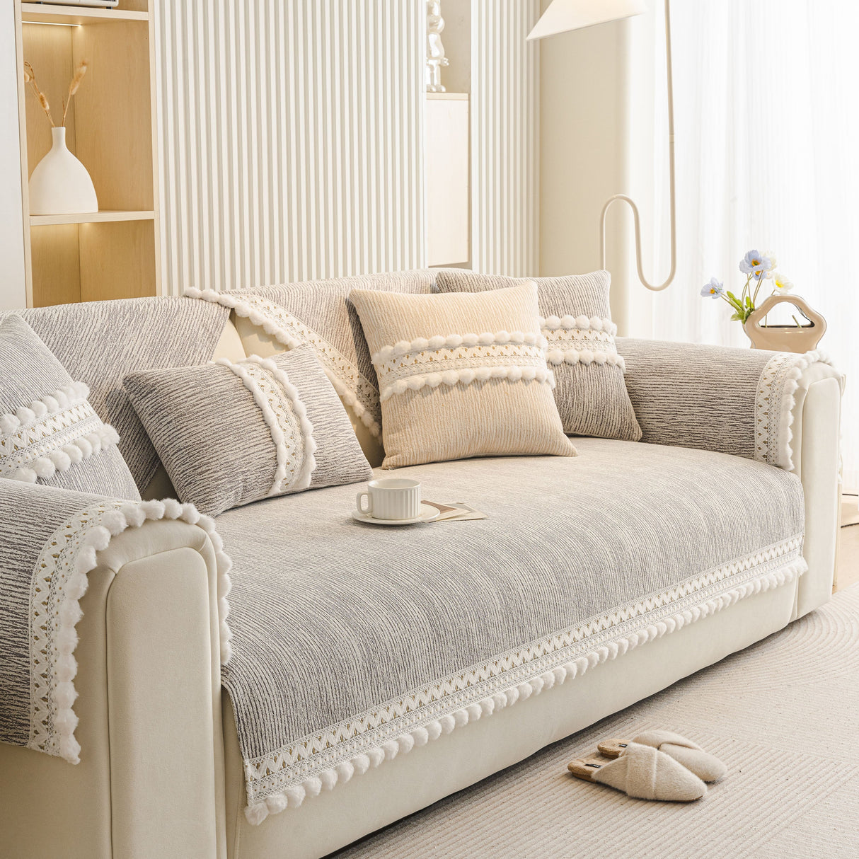 Soft Chenille Sectional Sofa Cover with Pom Pom Trim – Non-Slip Couch Protector