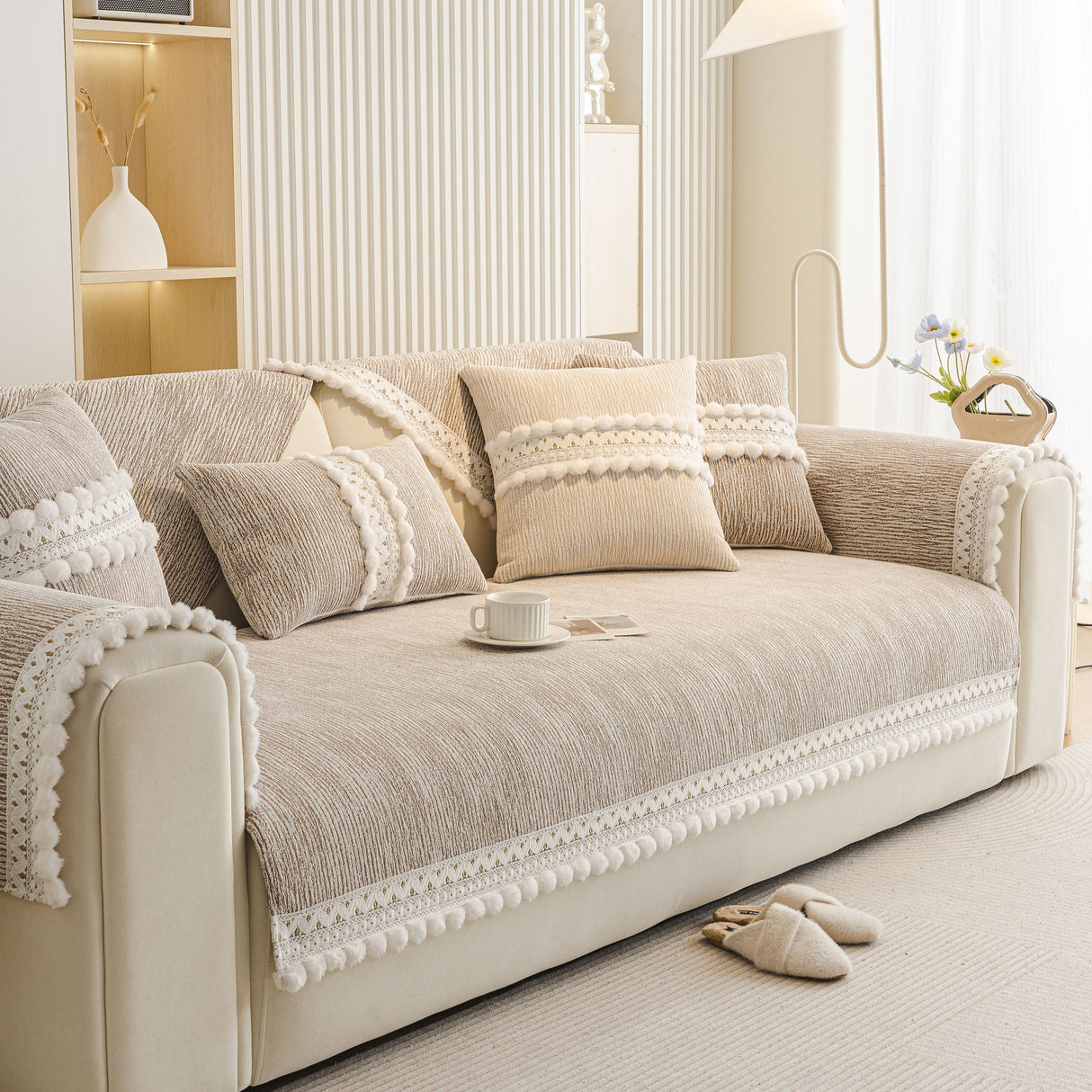 Soft Chenille Sectional Sofa Cover with Pom Pom Trim – Non-Slip Couch Protector