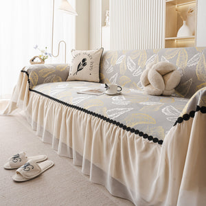 Leaf Jacquard Sofa Cover with Ruffle Skirt – Non-Slip Couch Protector with Sheer Hem