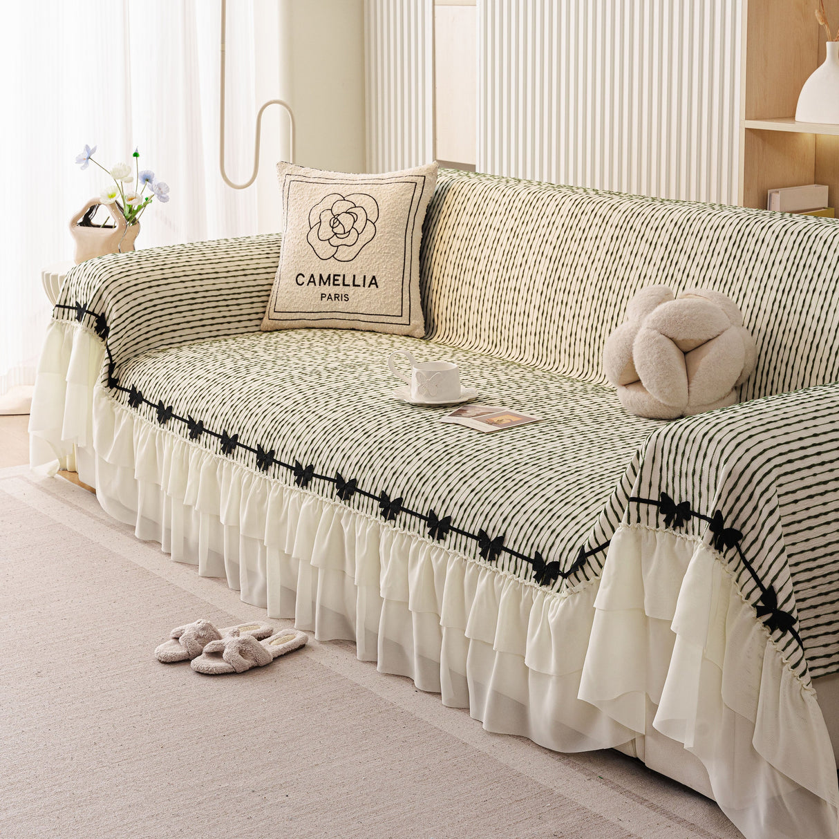 Ruffled Sofa Cover with Bowknot Decor, French Country Style Skirted Couch Slipcover