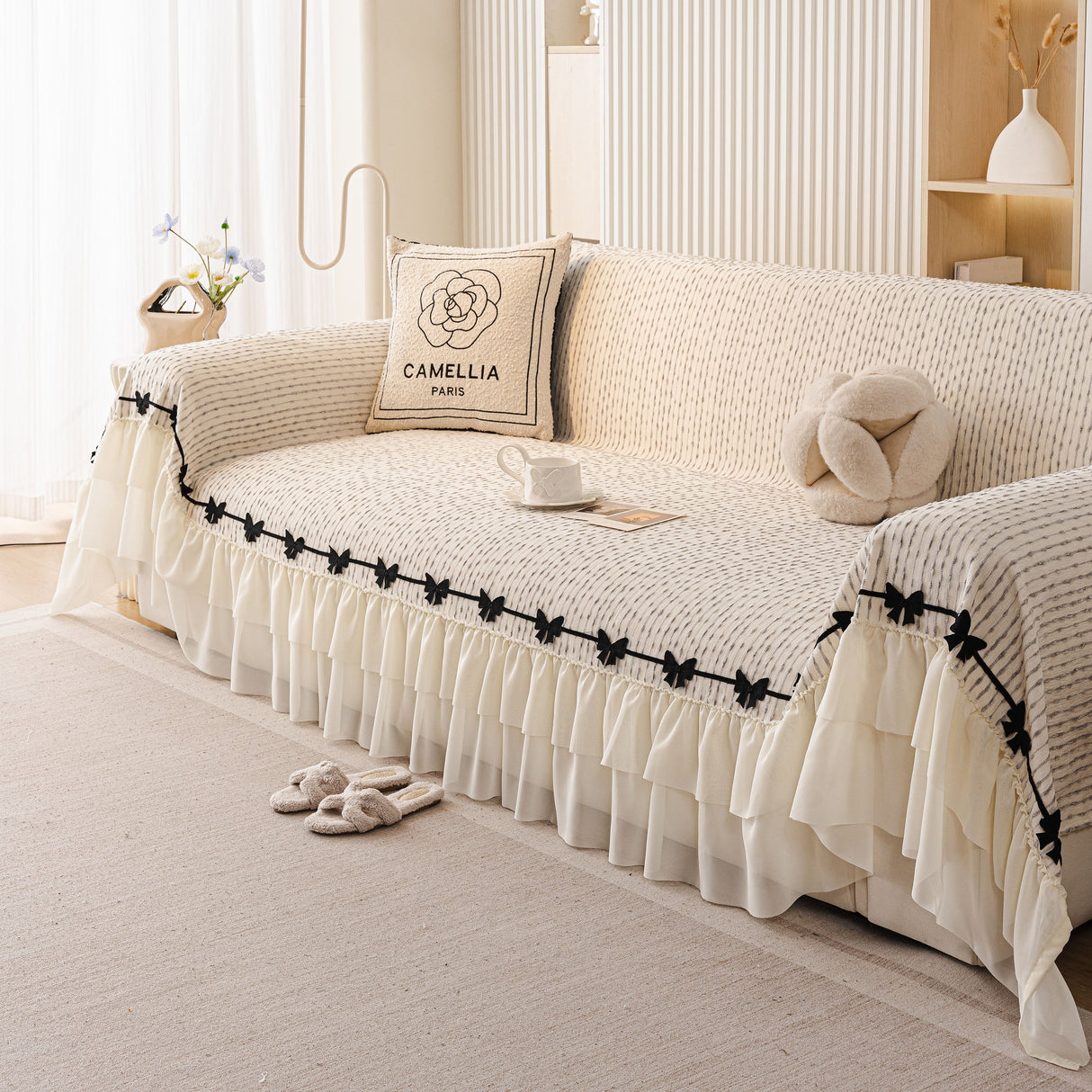 Ruffled Sofa Cover with Bowknot Decor, French Country Style Skirted Couch Slipcover