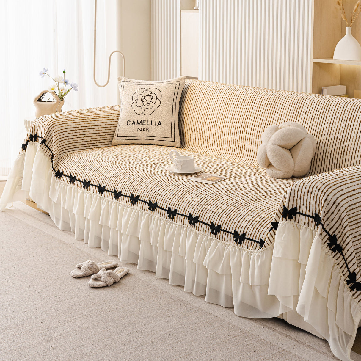 Ruffled Sofa Cover with Bowknot Decor, French Country Style Skirted Couch Slipcover