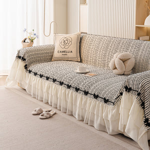 Ruffled Sofa Cover with Bowknot Decor, French Country Style Skirted Couch Slipcover