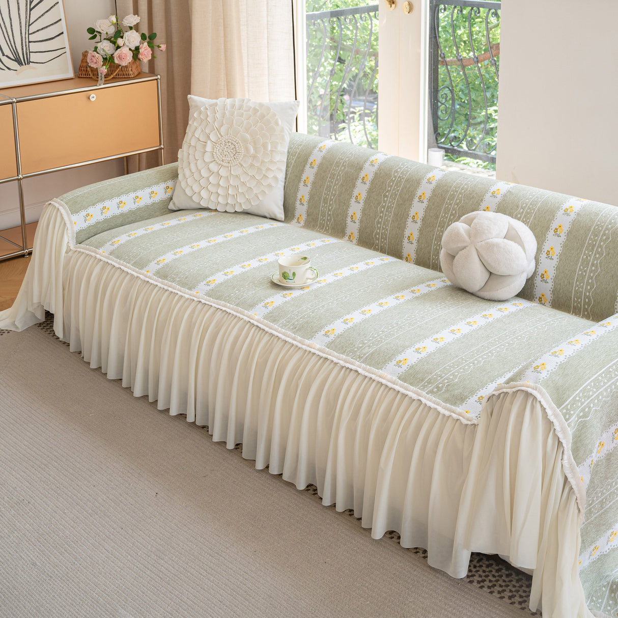 Daisy Striped Sofa Cover with Sheer Ruffle Skirt, Floral Soft Slipcover Blanket