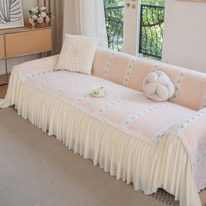 Daisy Striped Sofa Cover with Sheer Ruffle Skirt, Floral Soft Slipcover Blanket