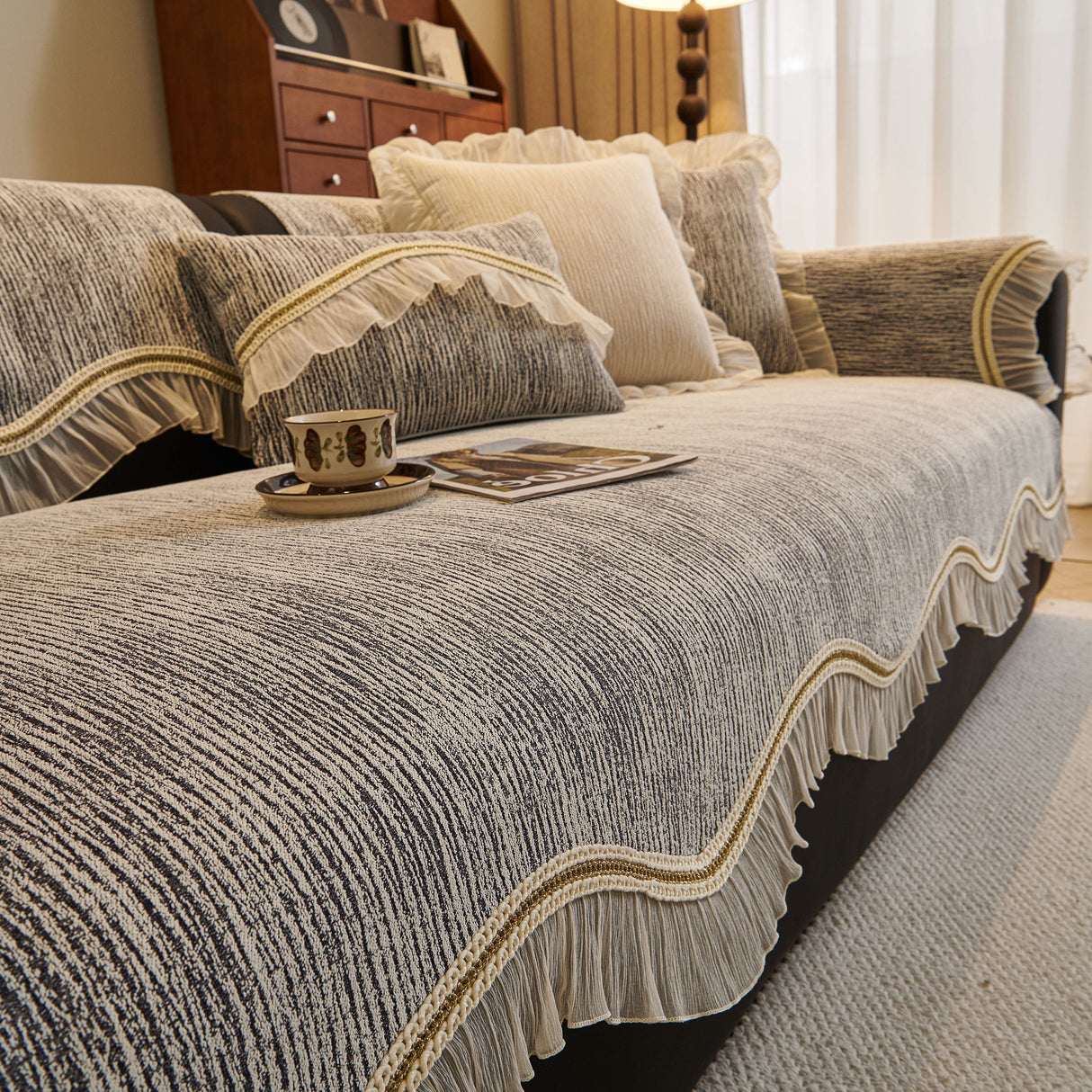 French Vintage Style Couch Cover with Skirt,  Non-Slip Sectional Furniture Covers