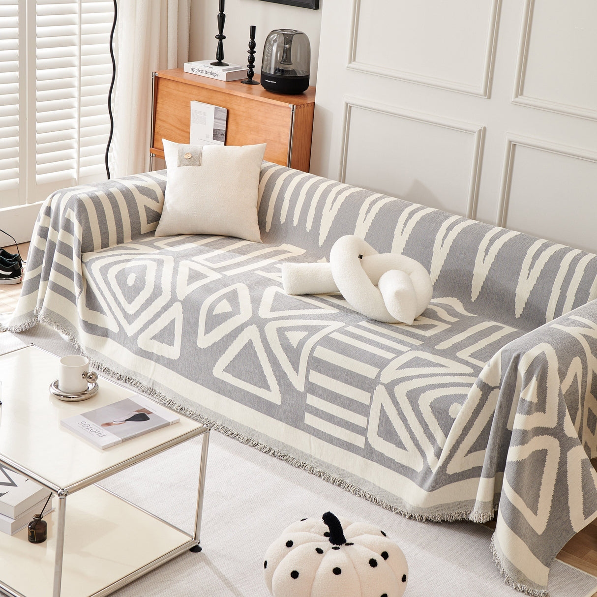 Chenille Geometric Sofa Throw Blanket, Boho Washable Furniture Throw Covers for Sofa