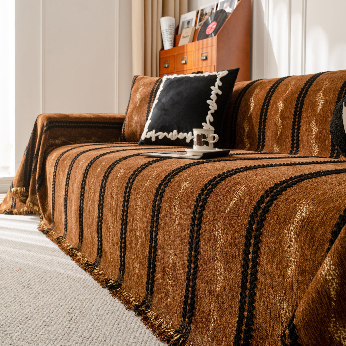 Boho Couch Throw Blanket with Textured Stripes, Sofa Cover for Living Room Decor