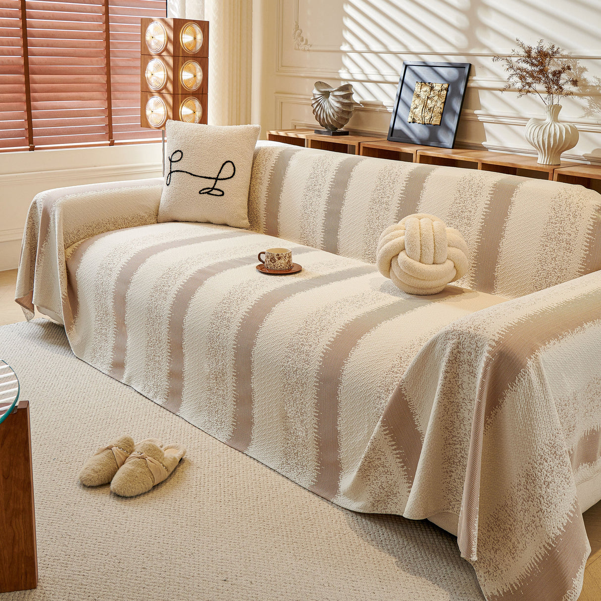 Modern Striped Couch Protector Blanket, Furniture Slipcover for L Shaped Sectionals