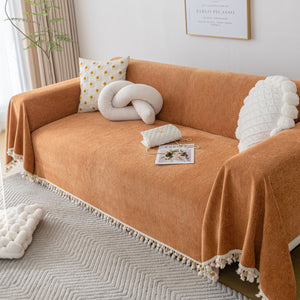 Boho Herringbone Sofa Throw Blanket with Pom Pom Tassels Stylish Furniture Slipcover