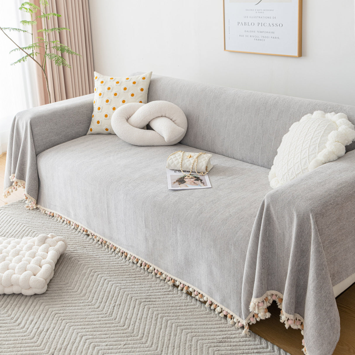 Boho Herringbone Sofa Throw Blanket with Pom Pom Tassels Stylish Furniture Slipcover