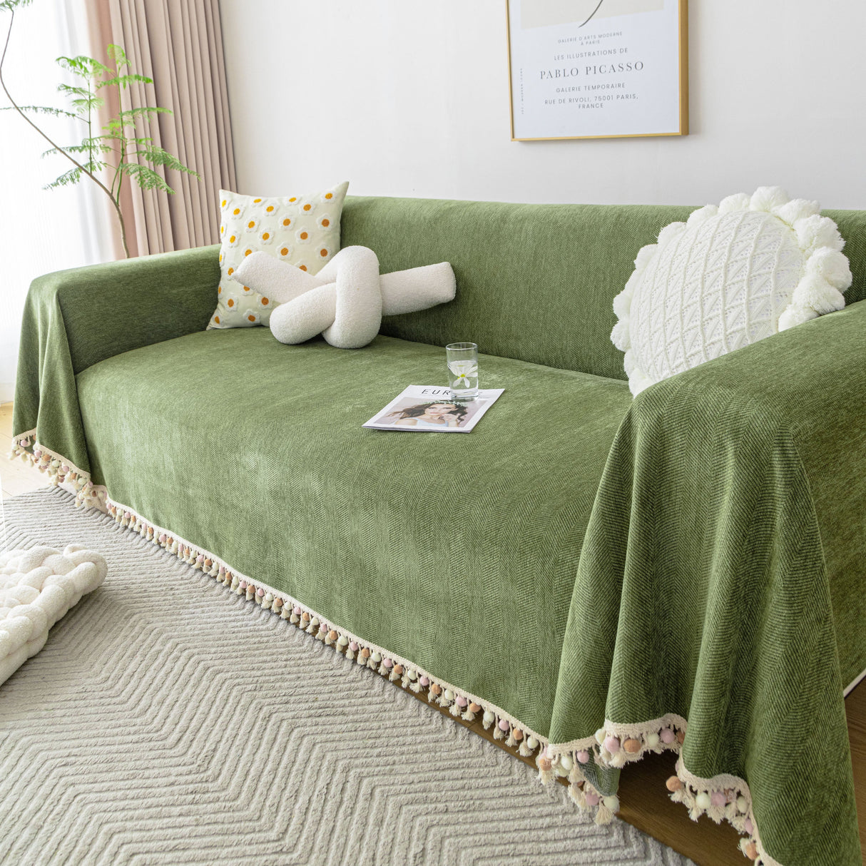 Boho Herringbone Sofa Throw Blanket with Pom Pom Tassels Stylish Furniture Slipcover