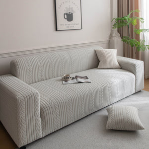 Plush Fleece Sofa Slipcover with 3D Wheat Pattern, Cozy High-Stretch Couch Cover