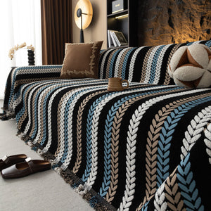 Cozy Decorative Throw Blanket for Couches, Boho Plush Woven Sofa Cover with Stripes
