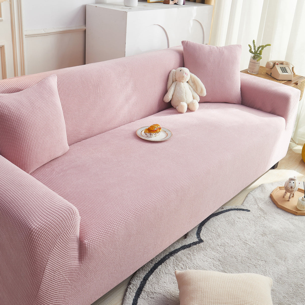 Grid Textured Stretch Sofa Cover, Soft Elastic Slipcover for Couch Protection