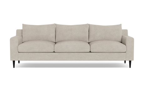 The Sloan Custom 3-Seat 95" Sofa, featuring plush cushions and sleek black legs, is displayed against a plain background. Its simple and modern design offers a contemporary look.