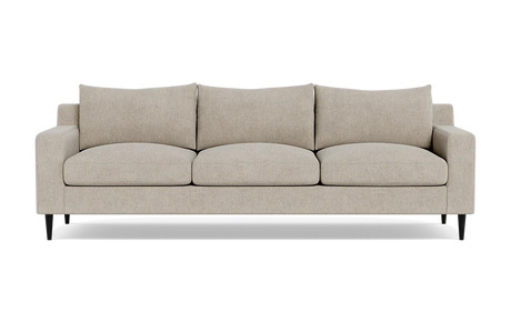 The Sloan Custom 3-Seat 95" Sofa, in beige, showcases a minimalist design with rectangular cushions and armrests. This three-seater sofa is supported by dark wooden legs and is highlighted against a simple backdrop.