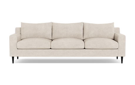 The Sloan Custom 3-Seat 95" Sofa features a beige upholstery with smooth finish, complemented by three plush and comfortable cushions. It has straight armrests and stands on four dark legs, all set against a white background.